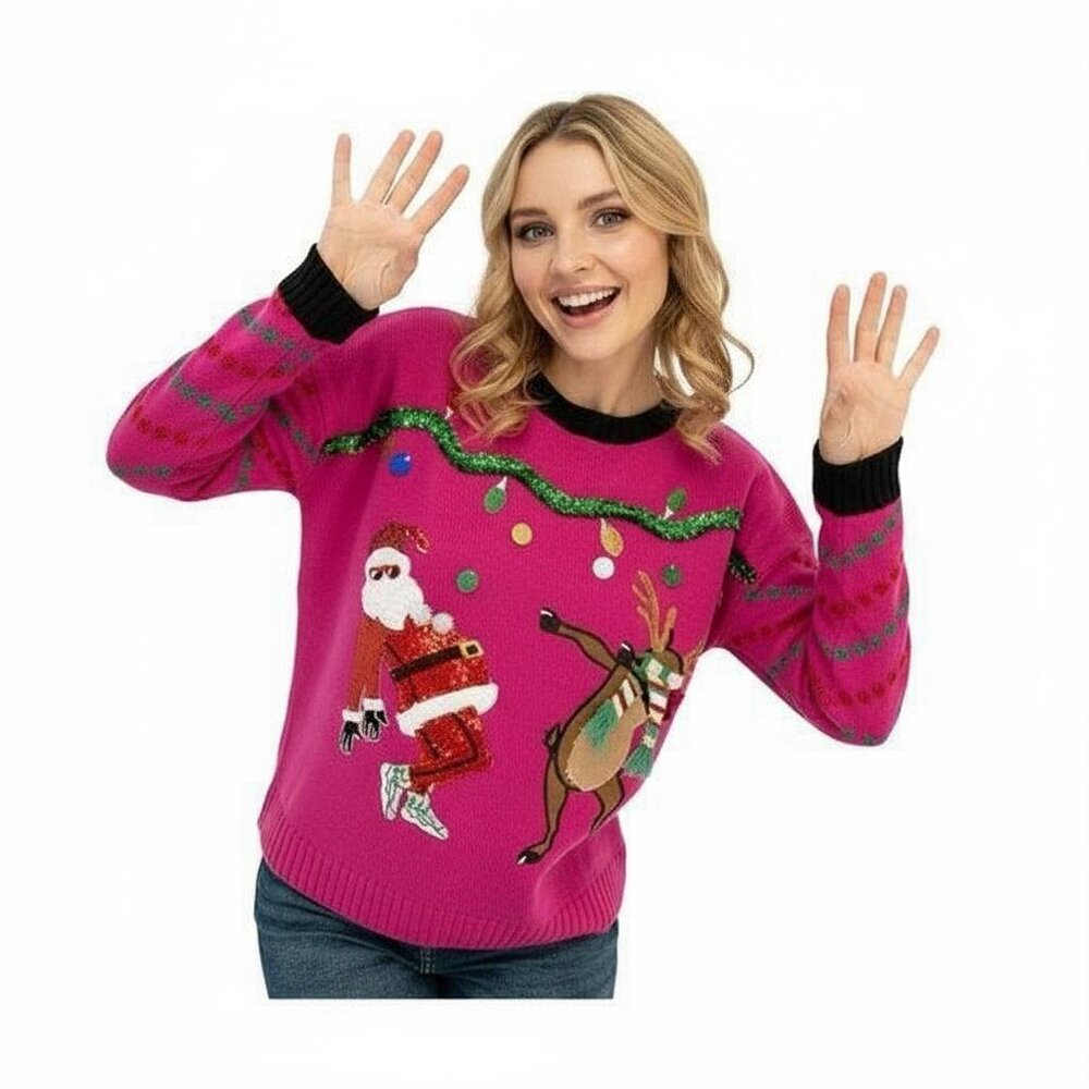 Ugly Sweater Pink Christmas wear with Santa and Reindeer dancing